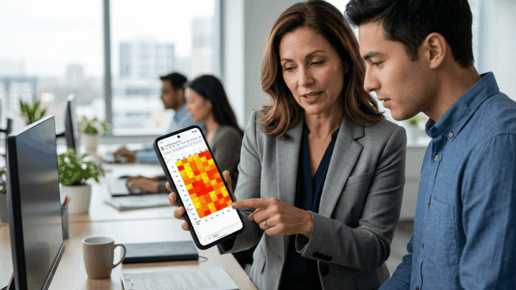 A manager showing a heat map in Google Sheets to one of her team members.