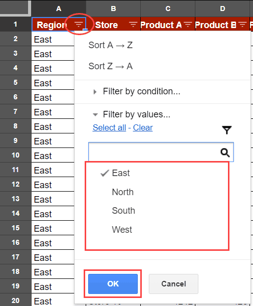 Filter the records for east region