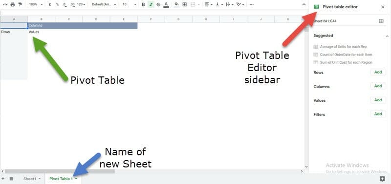 Inserting a Pivot table in Google Sheets