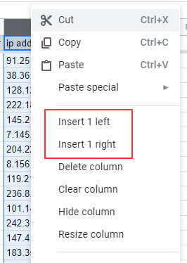 Insert column left or right