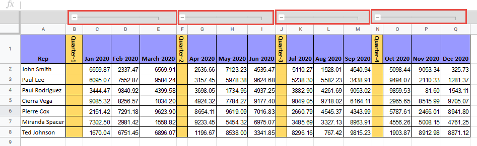 Line that indicates how many columns are grouped
