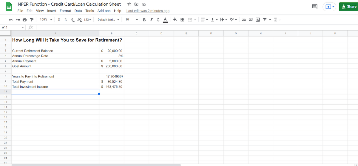 retirement nper function template