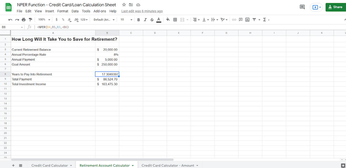 NPER formula retirement calculations