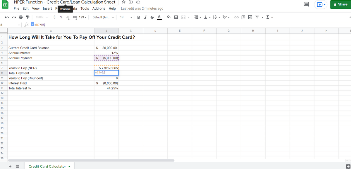 NPER function google sheets credit card template