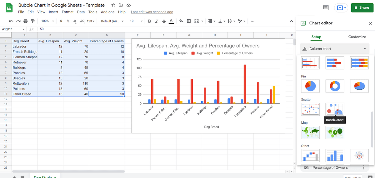 Select the chart and you'll be in the Chart Editor. You can see right away that "Column Chart" is selected. Scroll down and you'll see Bubble under Scatter.