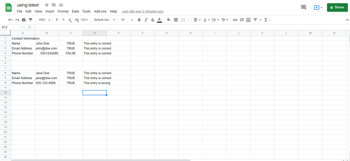 using istext google sheets