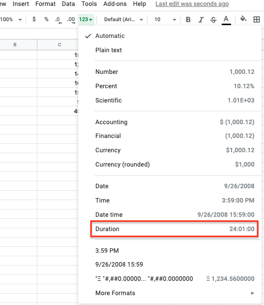 Duration format in google sheets