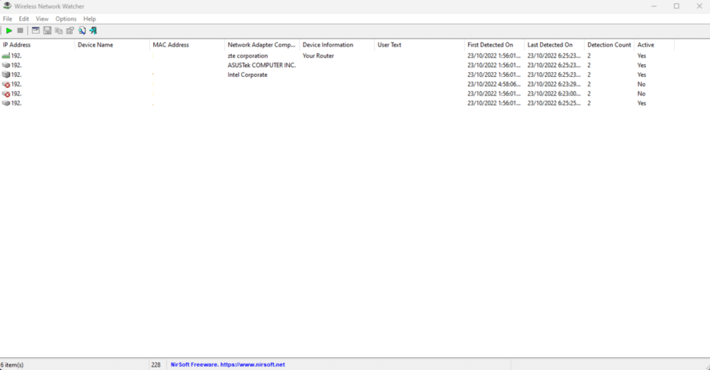 Devices Detected by the Wireless Network Watcher