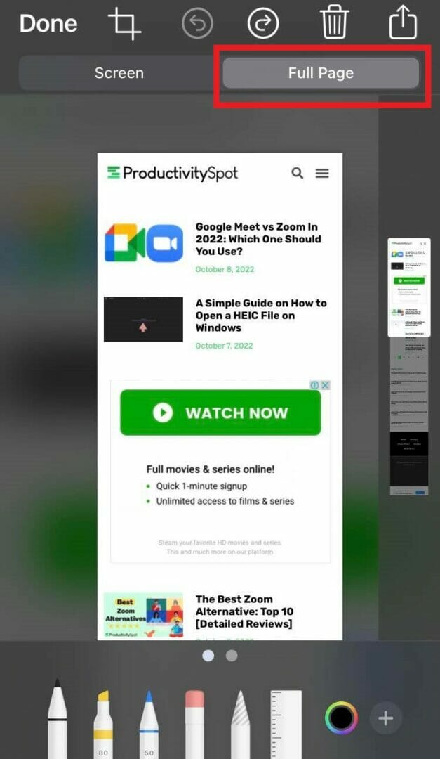 iPhone screenshots with a full webpage