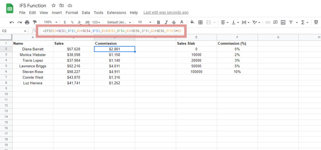 Using absolute references in the Google Sheets IFS function