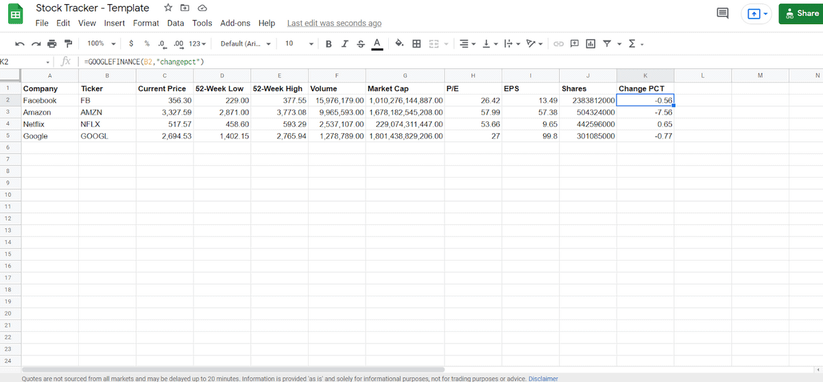 Google Sheets stock tracker with Change PCT field