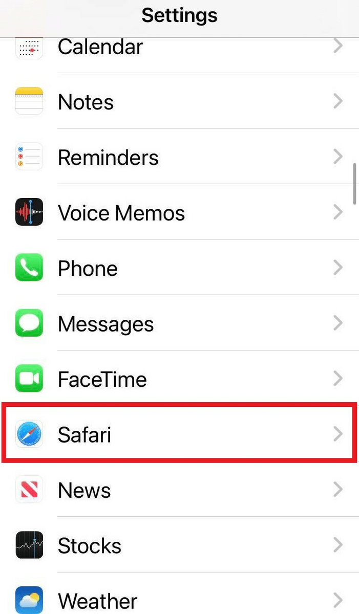 Select the Safari option in the Settings