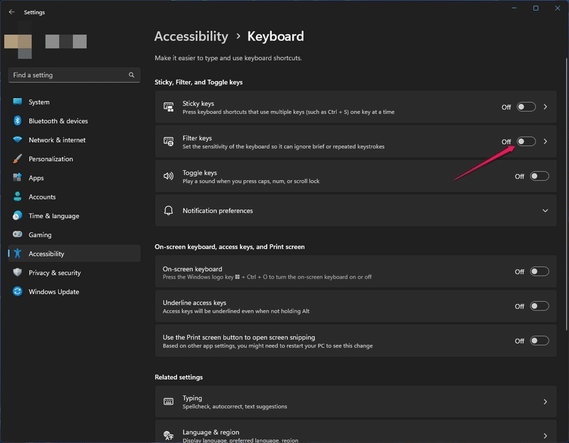 Turn off Filter keys option