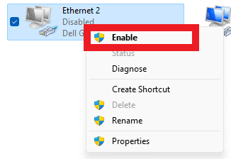 Enable Ethernet connections to fix ethernet connected but no internet