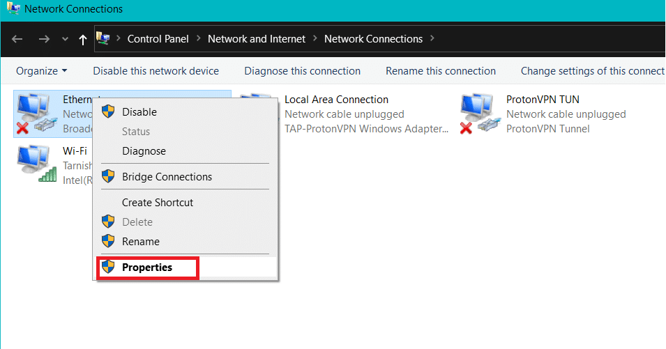 Right-click on your network connection which in this case is your ethernet connection, and select Properties.