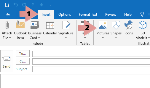 The location of the insert menu and pictures menu in Outlook