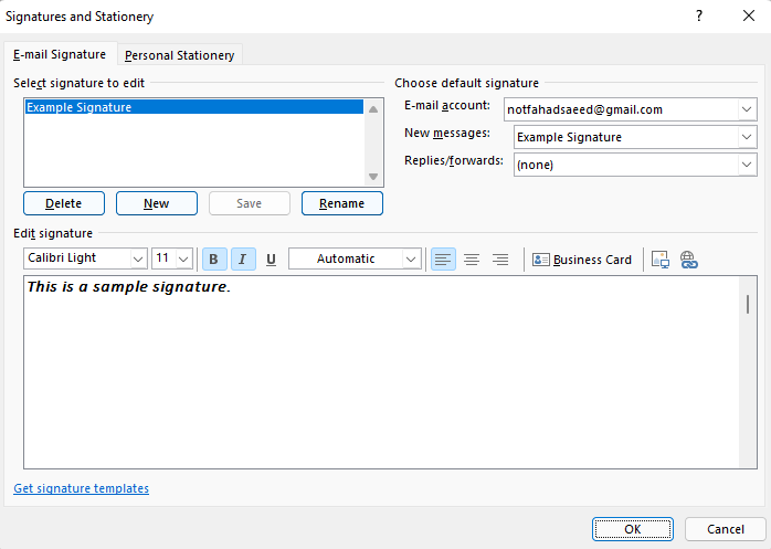 The signature edit window in Outlook