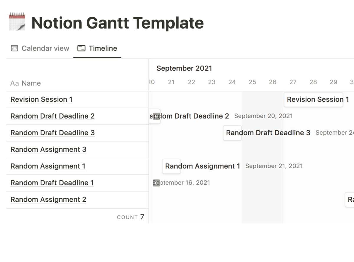 Notion Gantt chart template screenshot