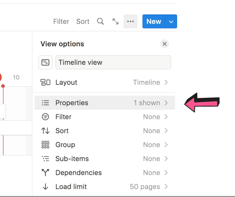 Click on Properties on Notion Gantt chart