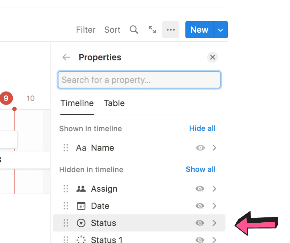 Selecting property and status on your Notion Gantt chart