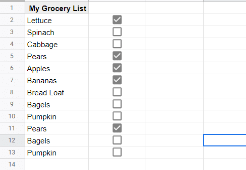 Sheet for example with checkboxes