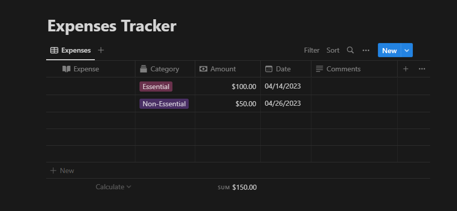 Notion budget template example 1