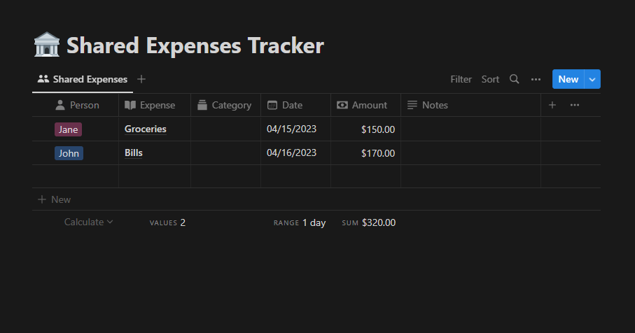 Notion budget template example 3