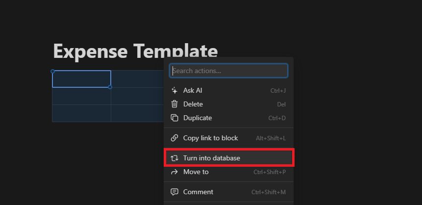 Turn the table into a database