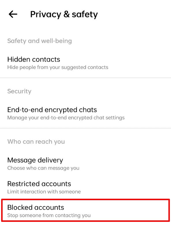 The blocked accounts button under Privacy & safety settings on Messenger