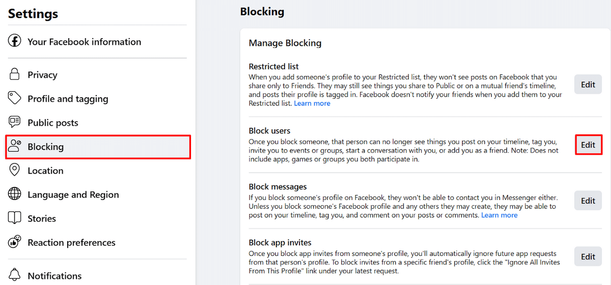 Where is the Edit button under Facebook blocking settings