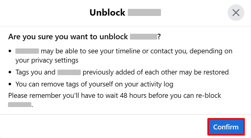 Confirm unblock on Facebook