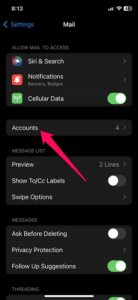 Where to find mail Accounts under settings
