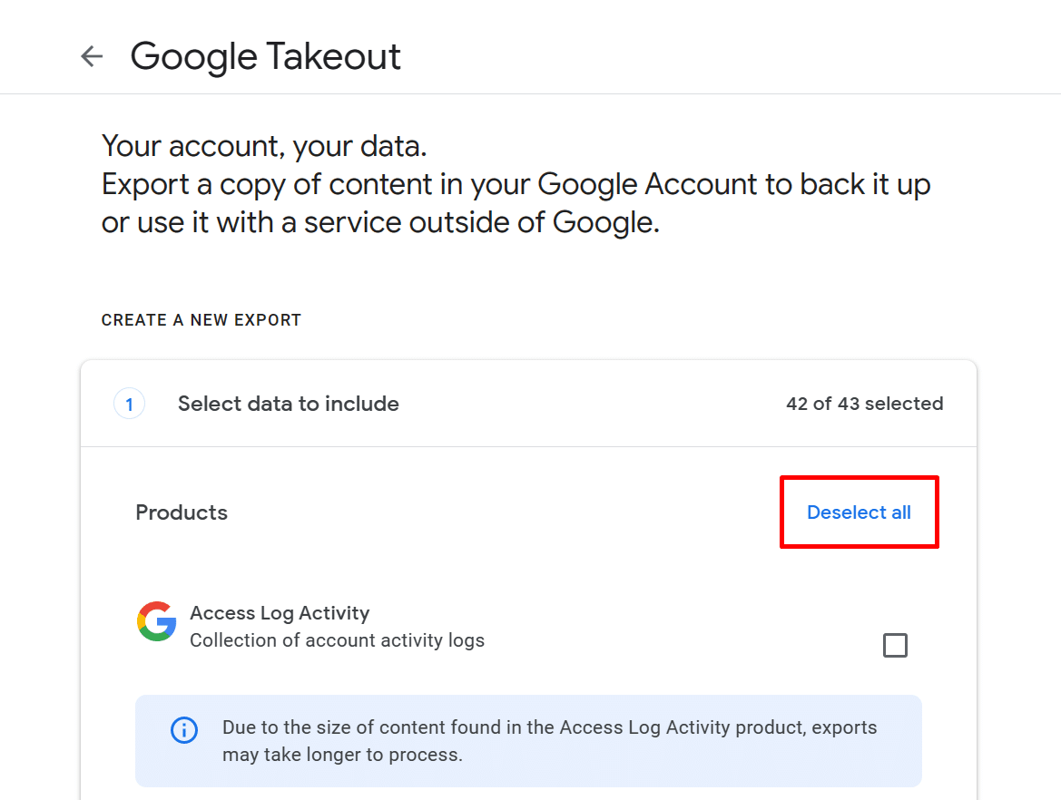 Where is the Deselect all button in Google Takeout