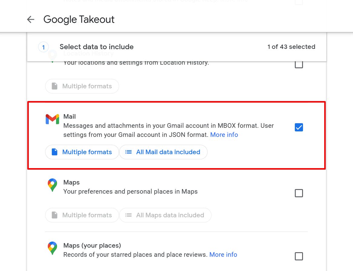 Where is Mail section in Google Takeout