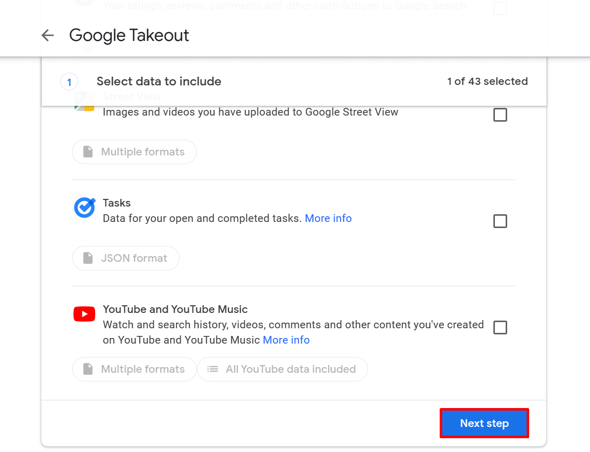 Next Step button in Google Takeout