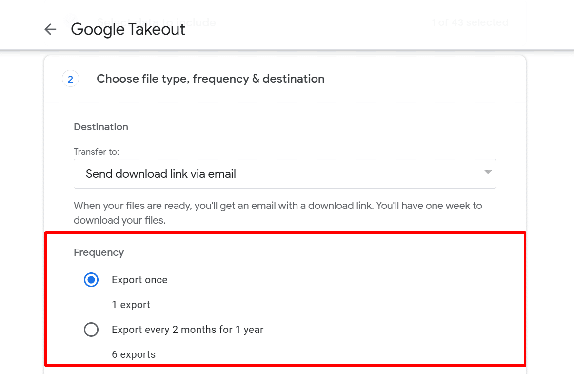 Export frequency in Google Takeout