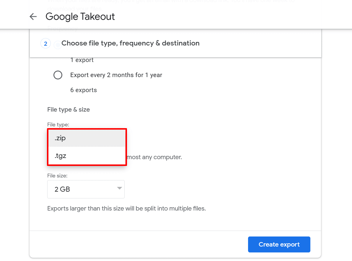 File type & size section in Google Takeout