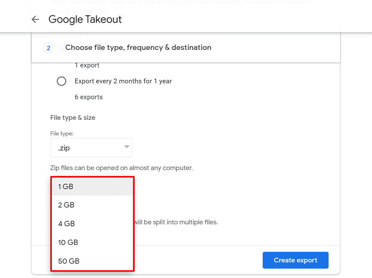 File size section in Google Takeout