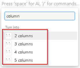 Choosing number of columns in Notion