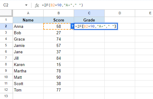 We’ll use the formula =IF(B2=90,"A+"," ")