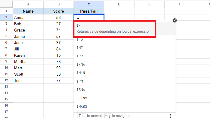 Step 2: Type =IF( into the cell. You can also select it from the formula suggestions.