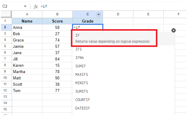 Type =IF( into the spreadsheet cell