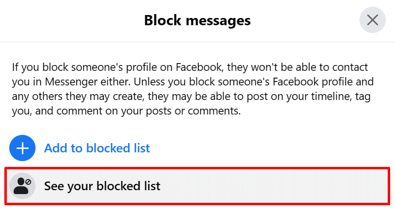 See blocked messages list on Facebook