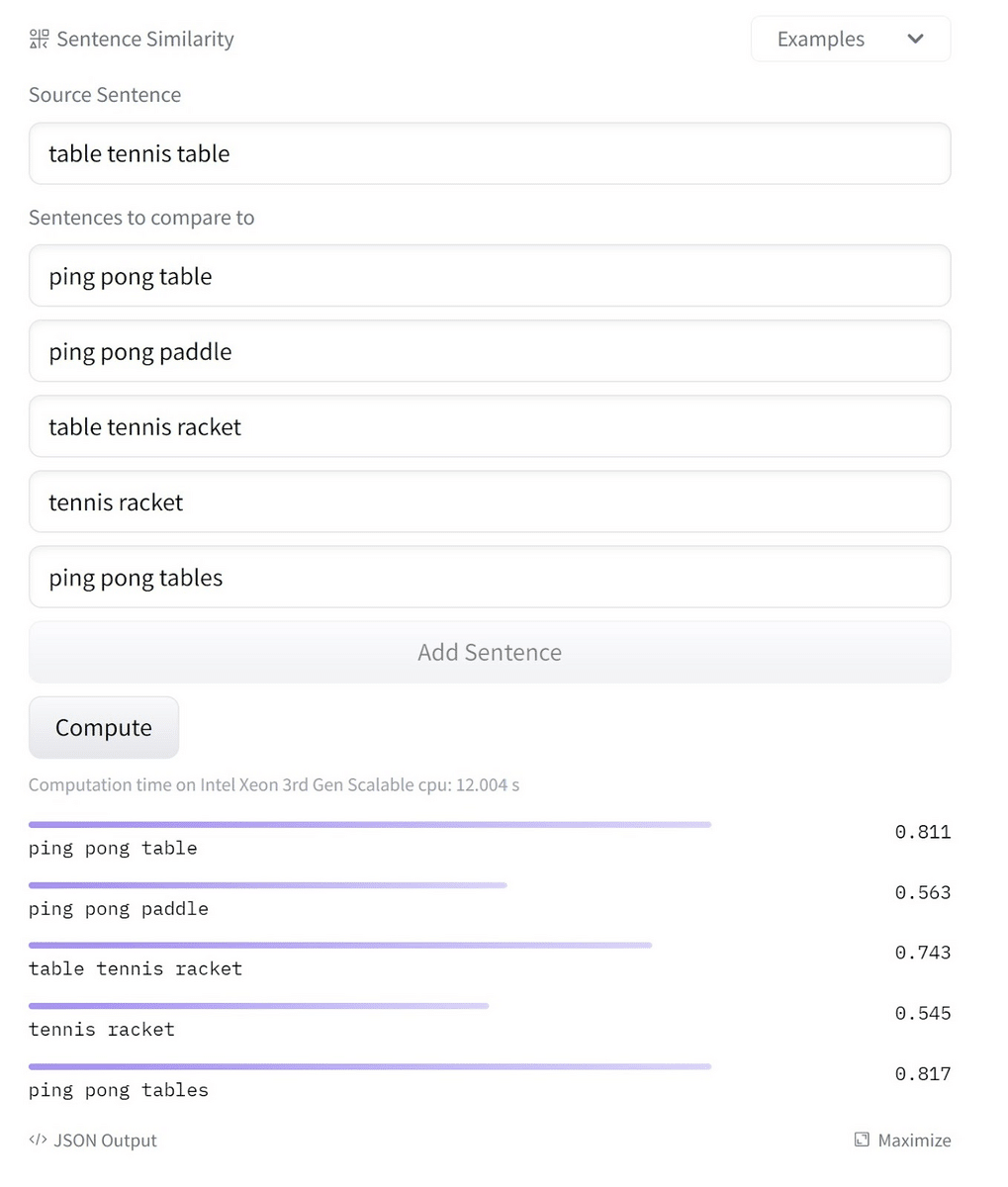 Screenshot showing the model in action on Hugging Face’s website. The model understands that "table tennis table" is similar to "ping pong table" and "ping pong tables" and thus gives those terms the highest scores.