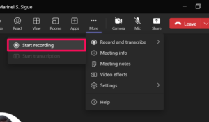 Start recording option in Teams meeting