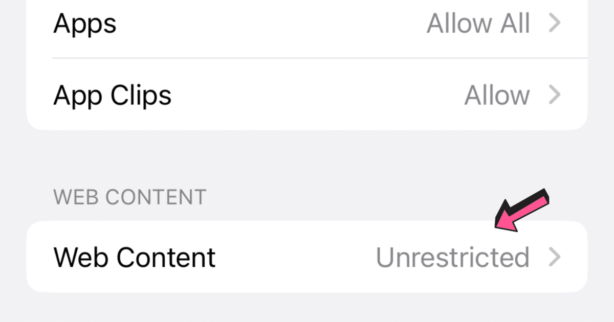 Web content is set to unrestricted on iPhone