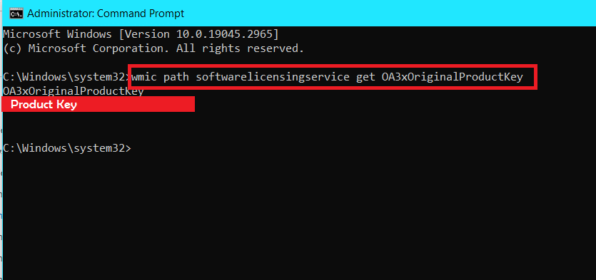 Command prompt code for finding Windows 10 product key