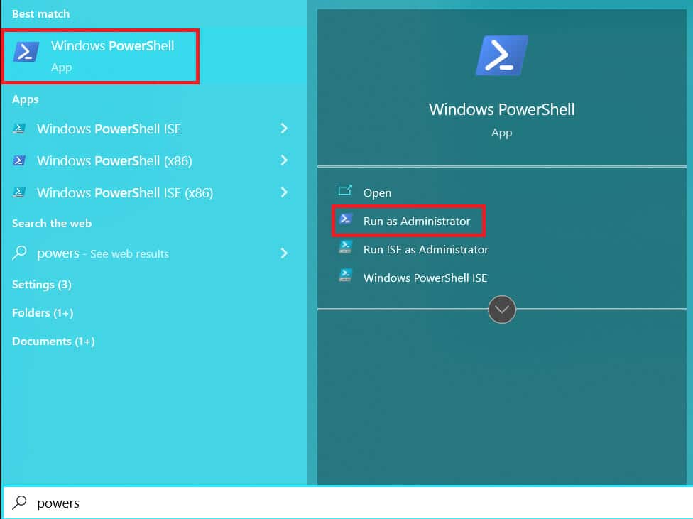 Right-click on Windows PowerShell and select Run as administrator.
