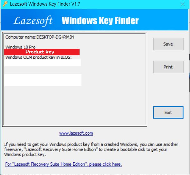 Lazesoft Windows key finder
