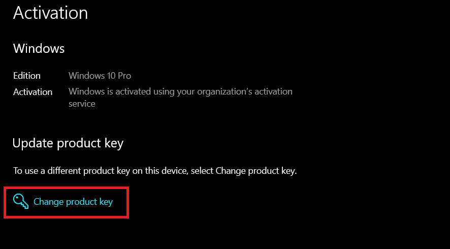 Under the Activation tab, click on the option to Change product key.